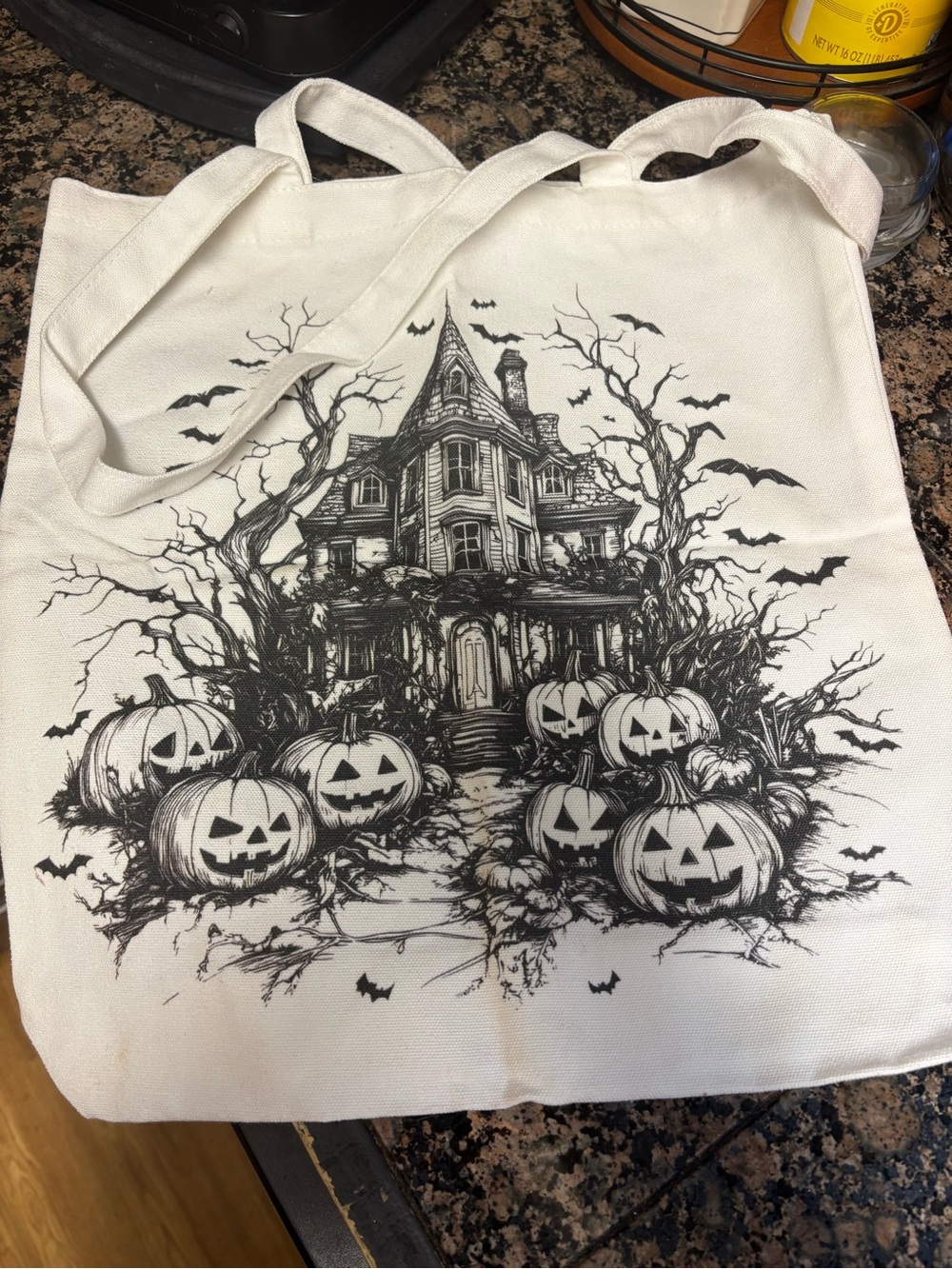 Halloween Haunted House Canvas Tote Bag - White